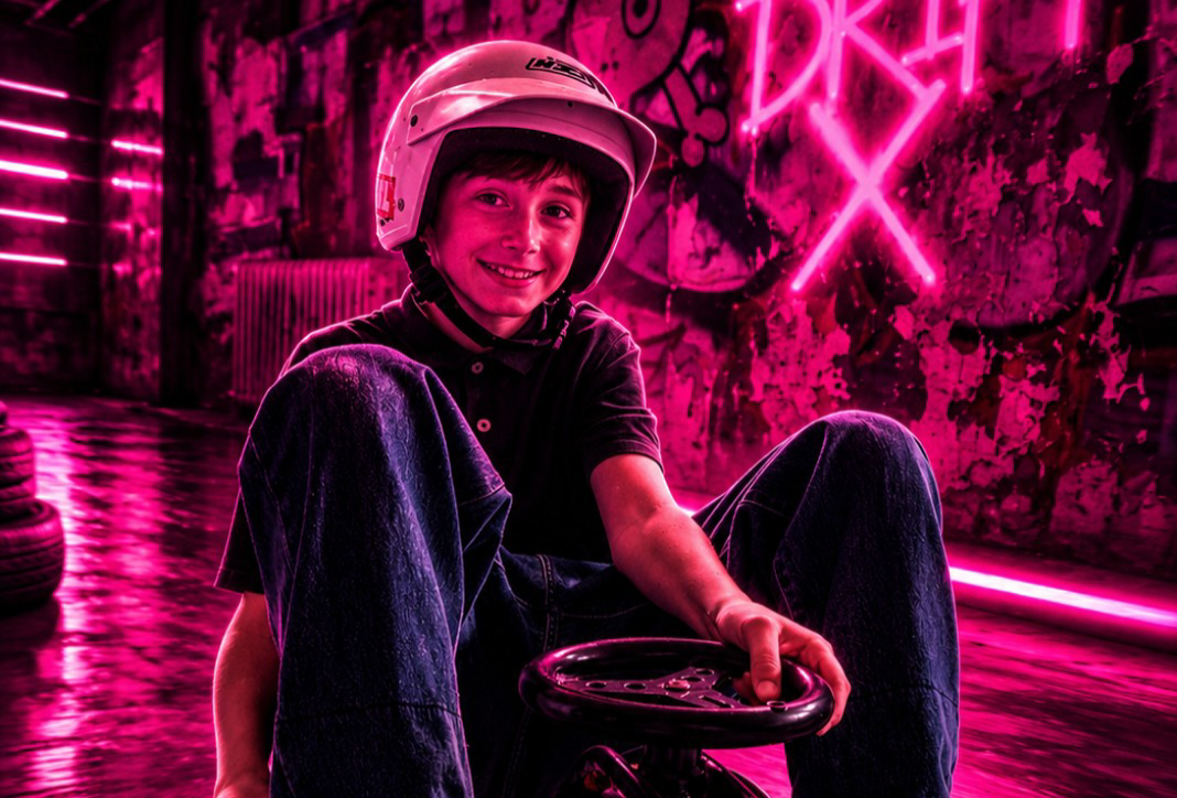 Ung kører smiler på en neonoplyst driftkart med DRIFT X-skilt