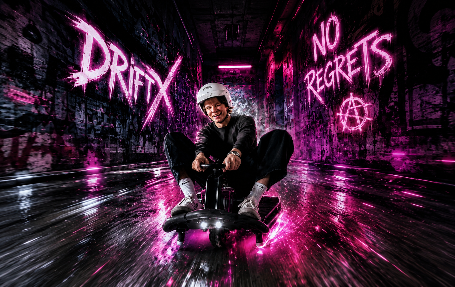 GoDrift Aps-kører drifter gennem en neonoplyst korridor med No Regrets-graffiti