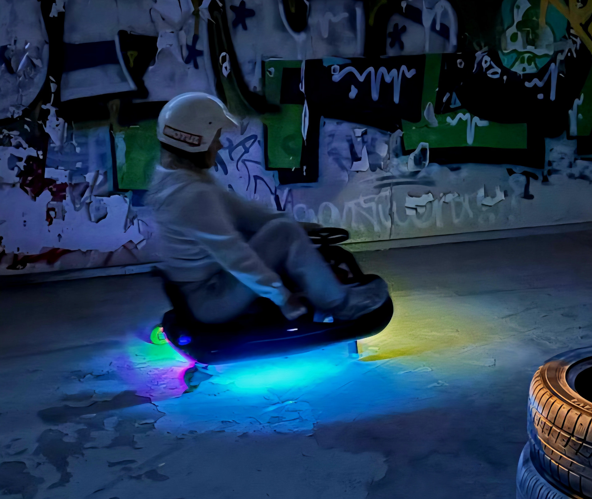 Kører drifter på en neonoplyst driftkart med farverig underglød