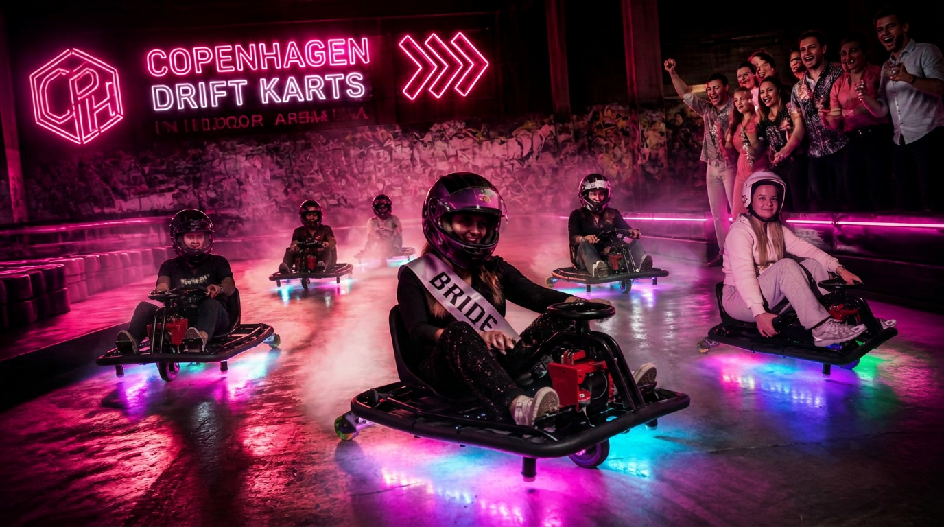 Polterabend-gruppe drifter i neonoplyste rebel karts på GoDrift Aps Kart Arena i København, med bruden iført et sjal