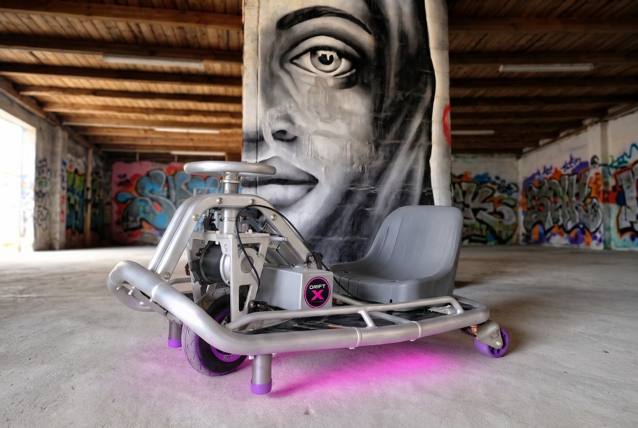 Dette er den gamle version. Den nybyggede Crazy Kart XD kommer snart GoDrift Aps kommerciel drift kart med GoDrift Aps København-badge, vist i fuld ramme i et graffiti-lager